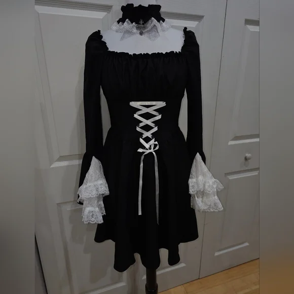 Dolls Kill Dark In Love Black & White Lace Goth Witchy Lace Up Mini Dress M - Picture 11 of 11